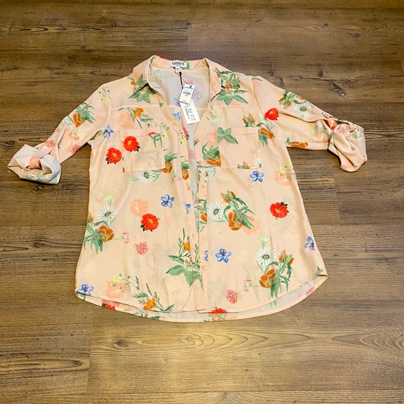 Express Tops - Express Floral Printed Slim Fit Portofino Shirt L